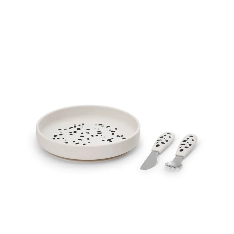 Elodie Details – Zestaw silikonowy – talerzyk i sztućce – Dalmatian Dots