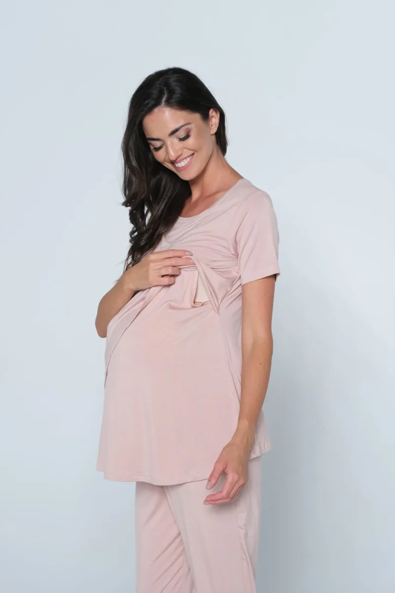 Asymetryczna piżama ciążowa Cool Mama – pudrowy róż L