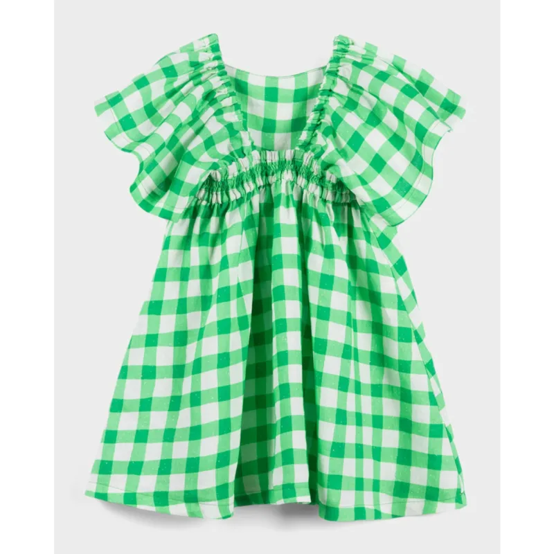 Letnia lniana sukienka KidStory – Green grid